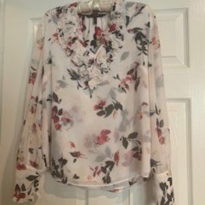 Red, black & white front ruffle blouse